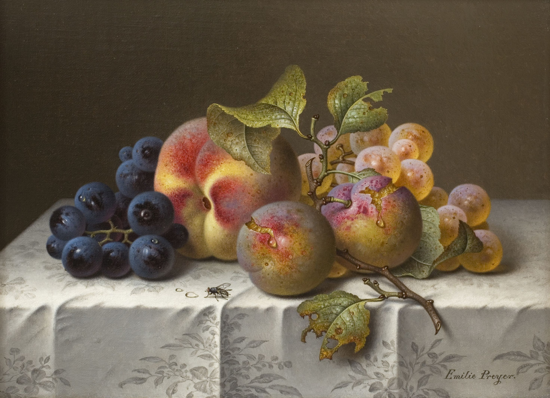 Emily Prairie. Still life with grapes and a peach