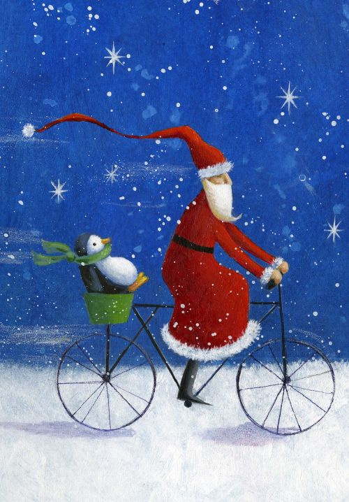Jen Pashley. Santa on Bicycle with penguin