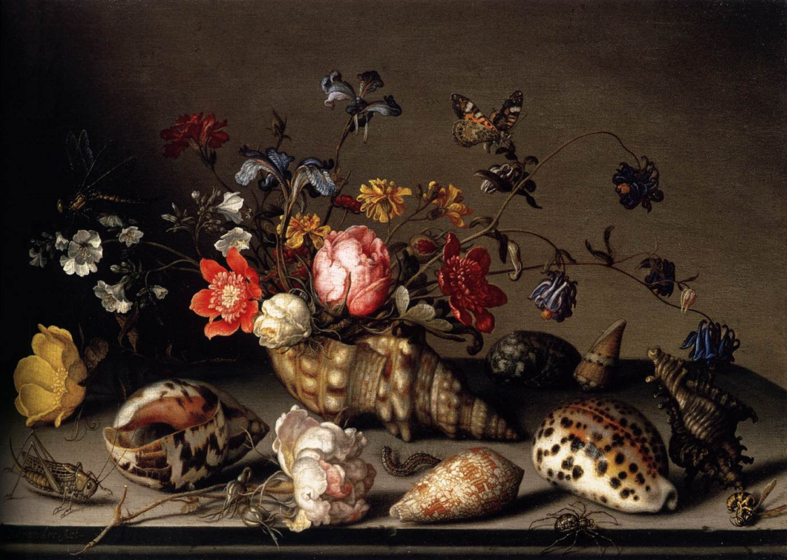 Balthasar van der Ast. Still life with flowers in a shell and insects