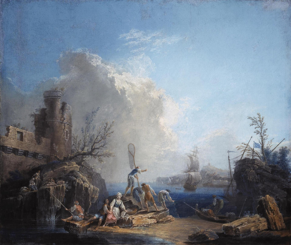Pierre-Jacques Woller. Marine landscape with fishermen on a rocky shore.