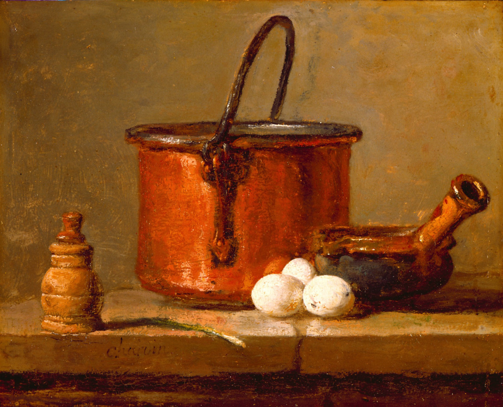 Jean Baptiste Simeon Chardin. Still life with copper boiler, eggs and pepper