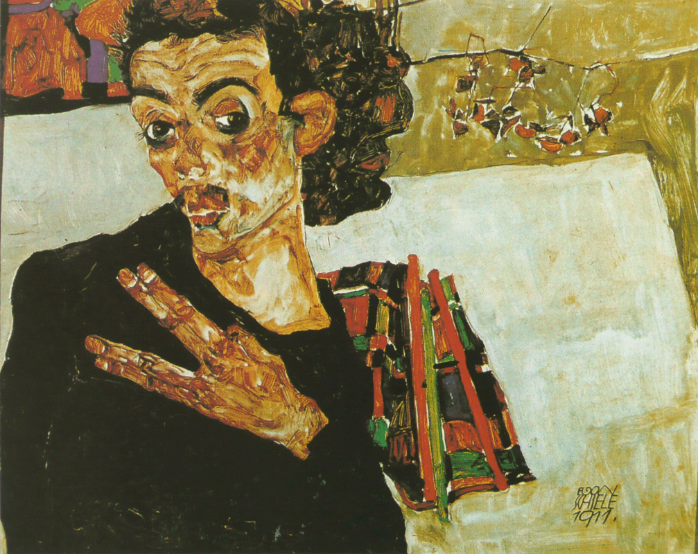 Egon Schiele. Self portrait with black vase and the fingers spread