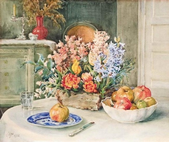 Olga Alexandrovna Romanova. 与花和苹果的静物画