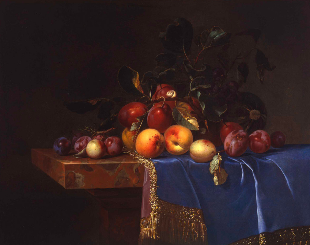 Willem van Aelst. Still life with peaches and plums on the blue tablecloth