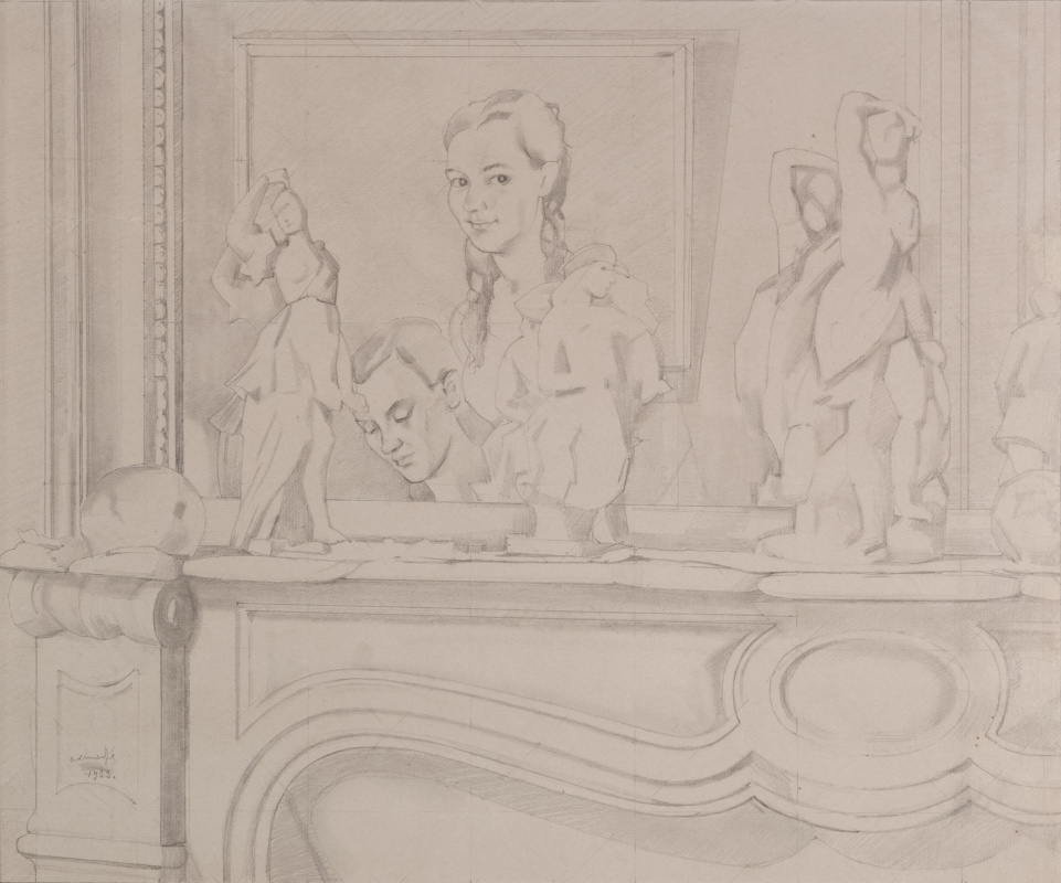 Konstantin Somov. Still life with porcelain figurines on the fireplace and reflection in the mirror. Sketch for the painting "Date" 1933