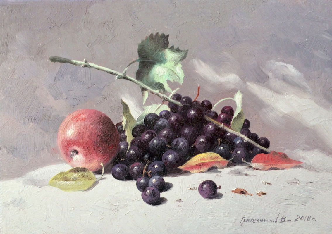 Vasilij Ivanovich Gribennikov. Natura morta con mela e uva