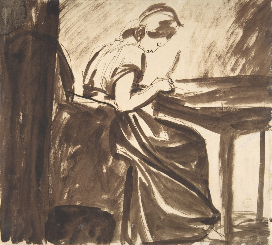 George Romney. A girl writing at a table. Sketch