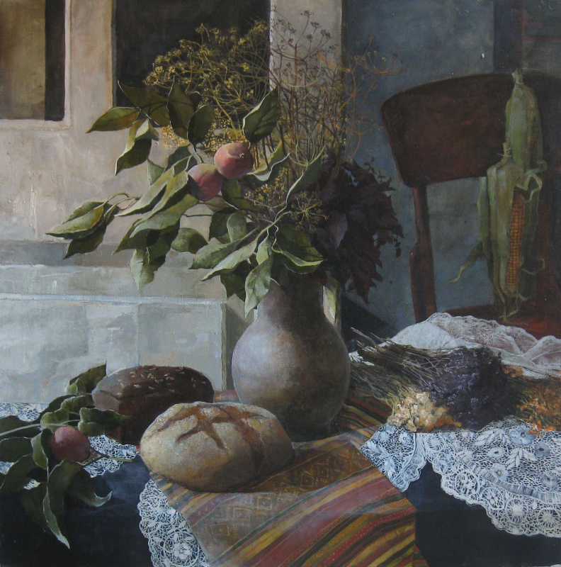 Polina Kuznetsova. Still life with grass and bread