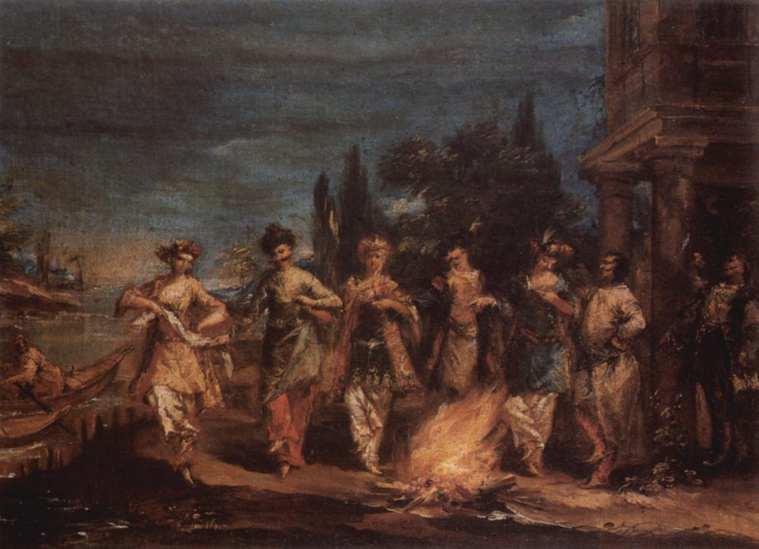 Giovanni Antonio Guardi. Three Turkish couples dancing in front of the fire