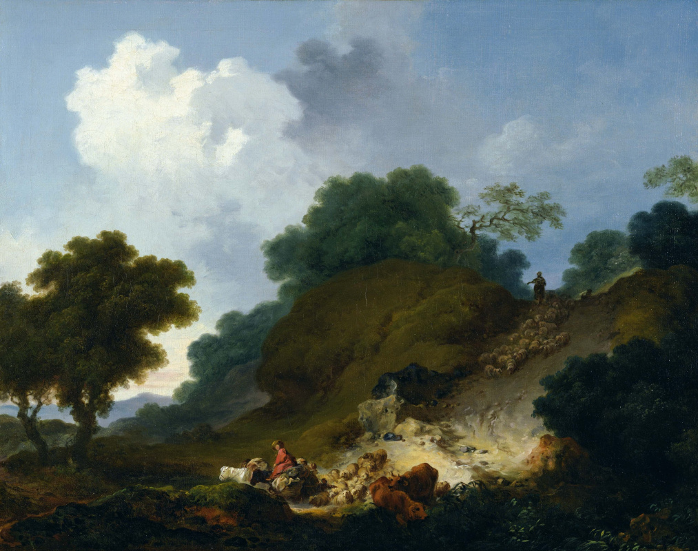 Jean-Honore Fragonard. Landscape with shepherds and flock of sheep