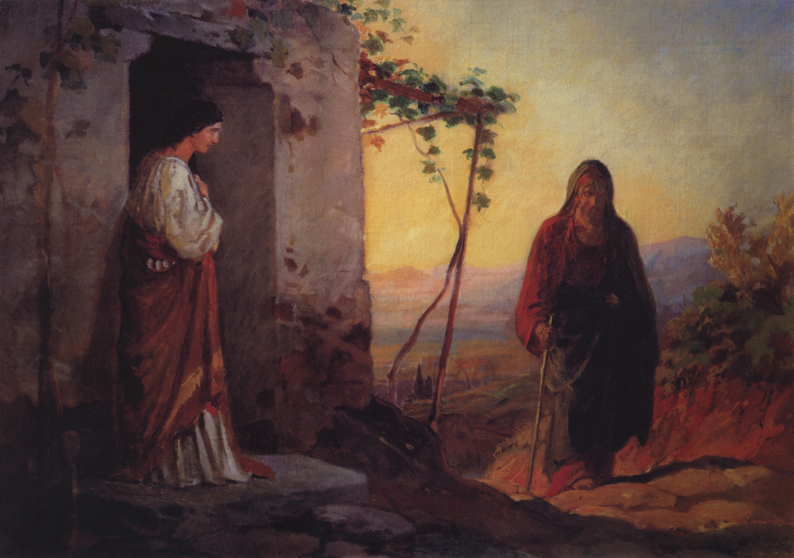 Nikolai Nikolaevich Ge. Mary, the sister of Lazarus, meets Jesus Christ coming to their house. The sketch of the unfinished painting