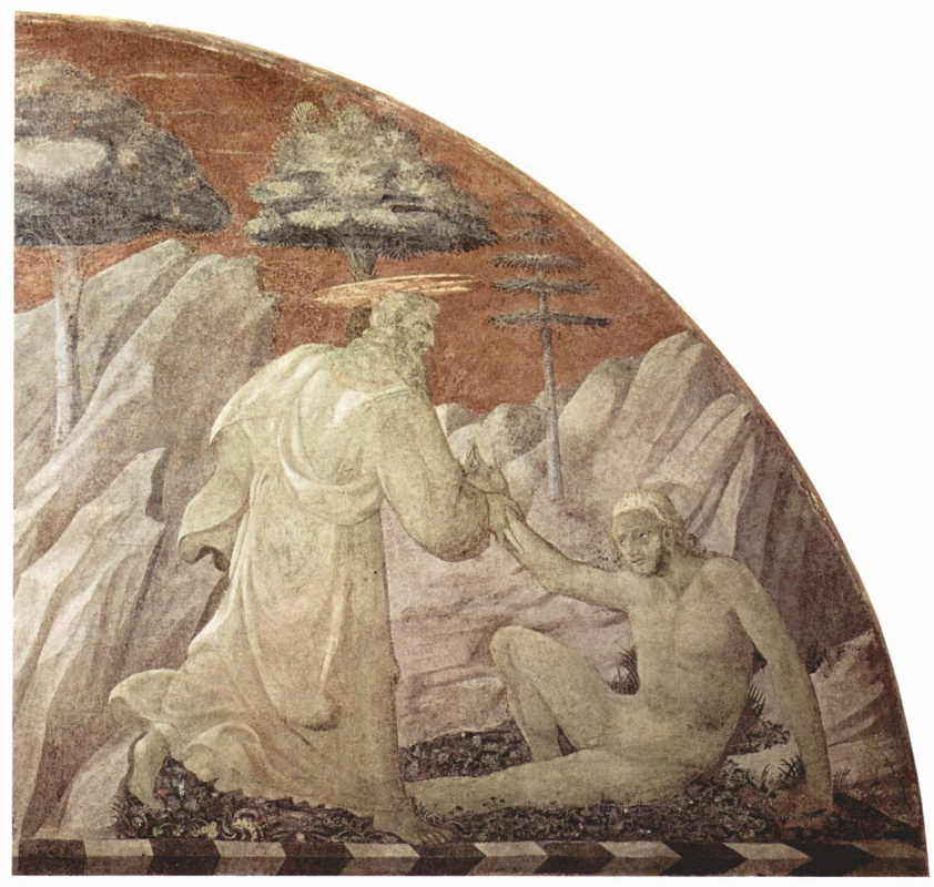 Paolo Uccello. The creation of animals and creation of Adam. Snippet: The Creation Of Adam. The Church of Santa Maria Novella in Florence. The scene in the lunette