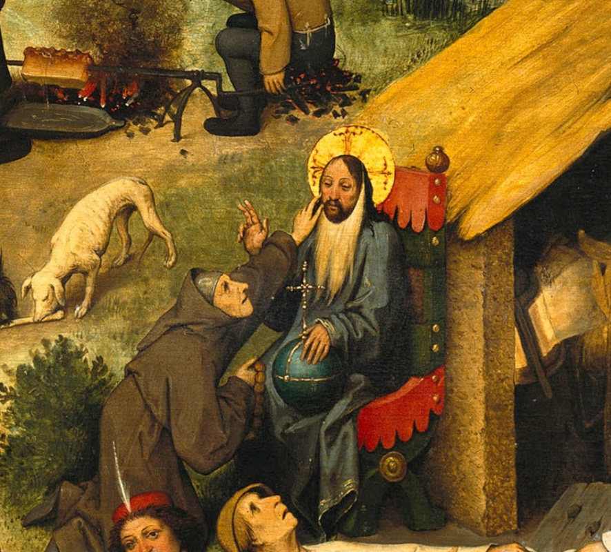 Pieter Bruegel The Elder. Flemish proverbs. Fragment: Tying a linen beard to Christ - hiding deception under the guise of piety