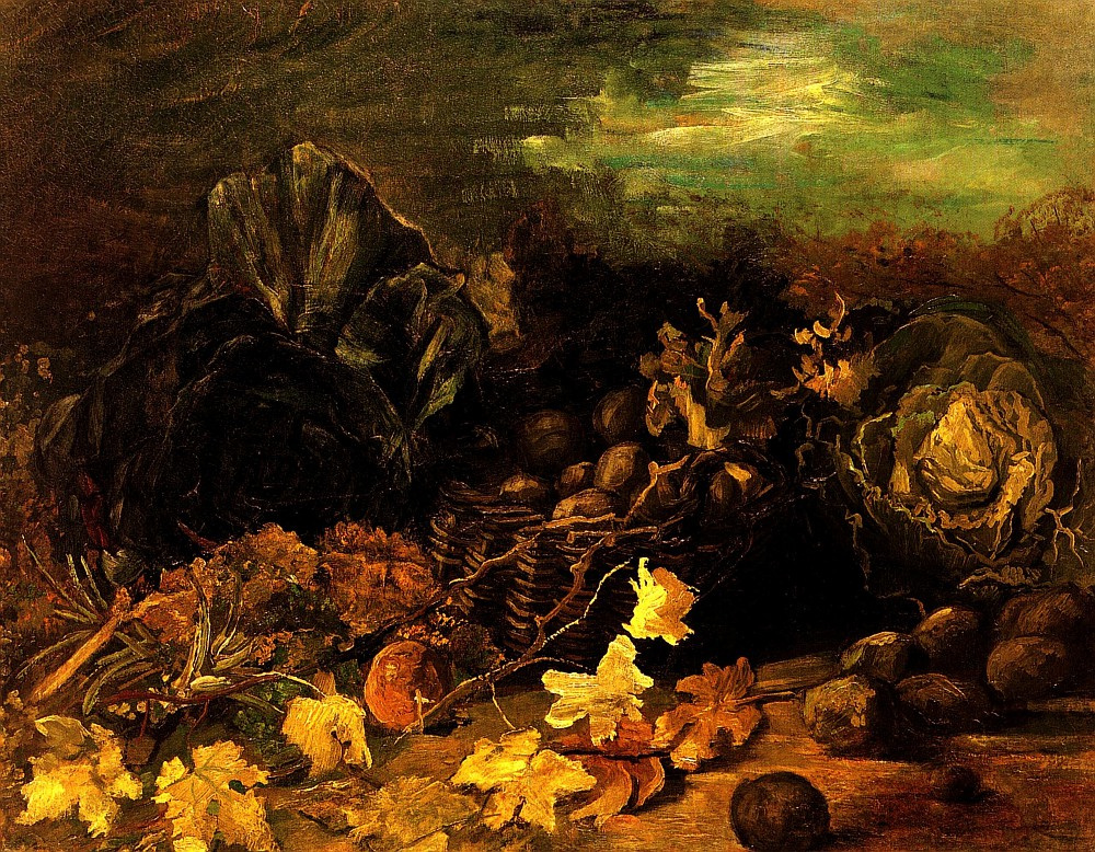 Вінсент Ван Гог. Натюрморт с корзиной картофеля среди осенних листьев и овощей