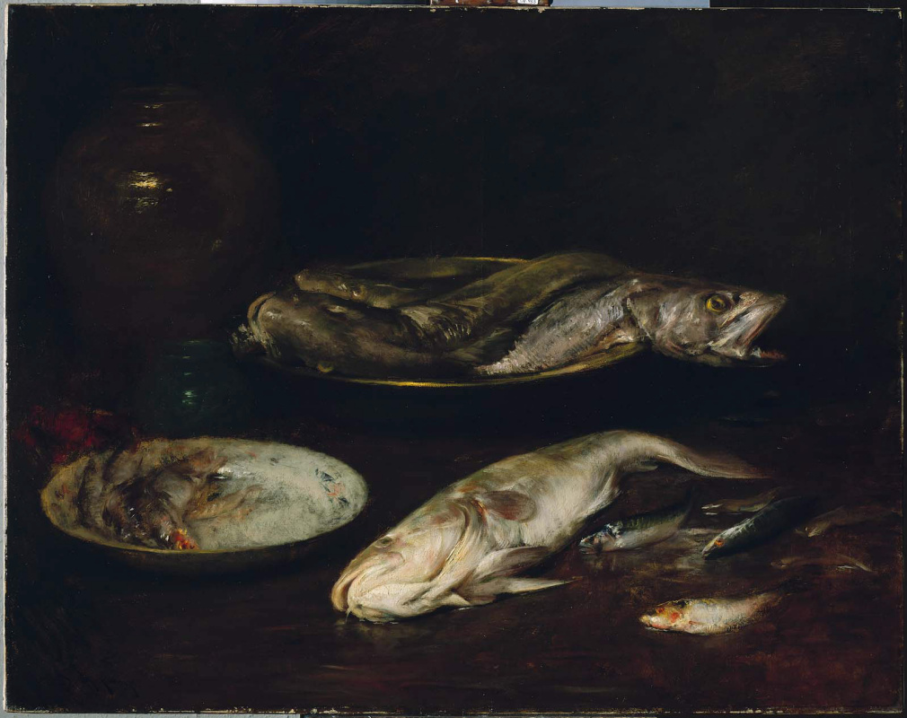 William Merritt Chase. 与鲜鱼的静物画