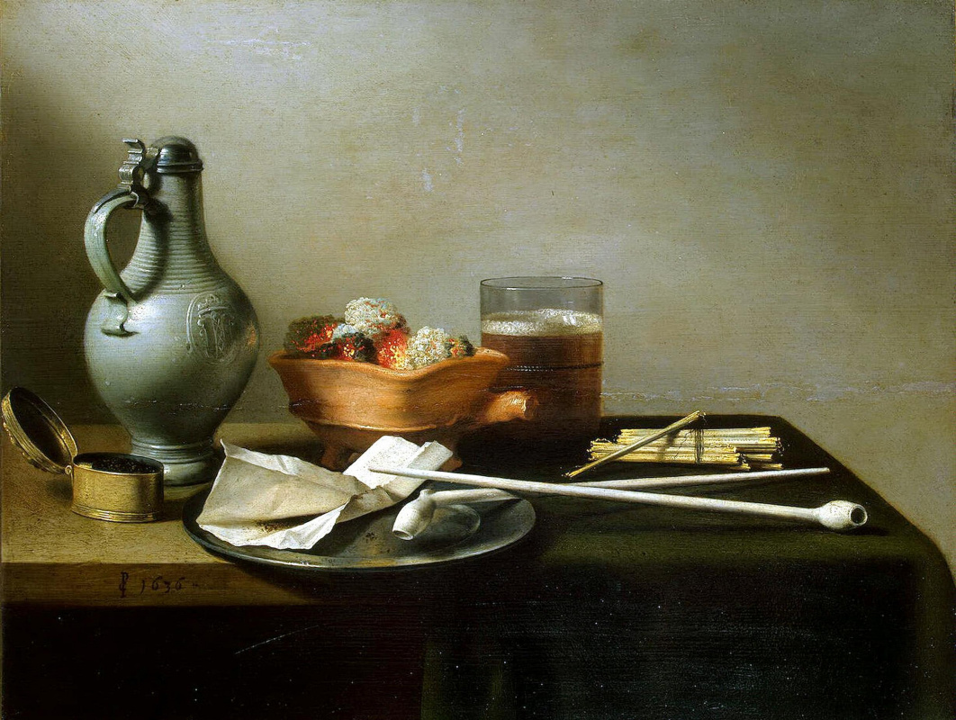 Peter klas. Still life with clay pipes, tobacco and a jug