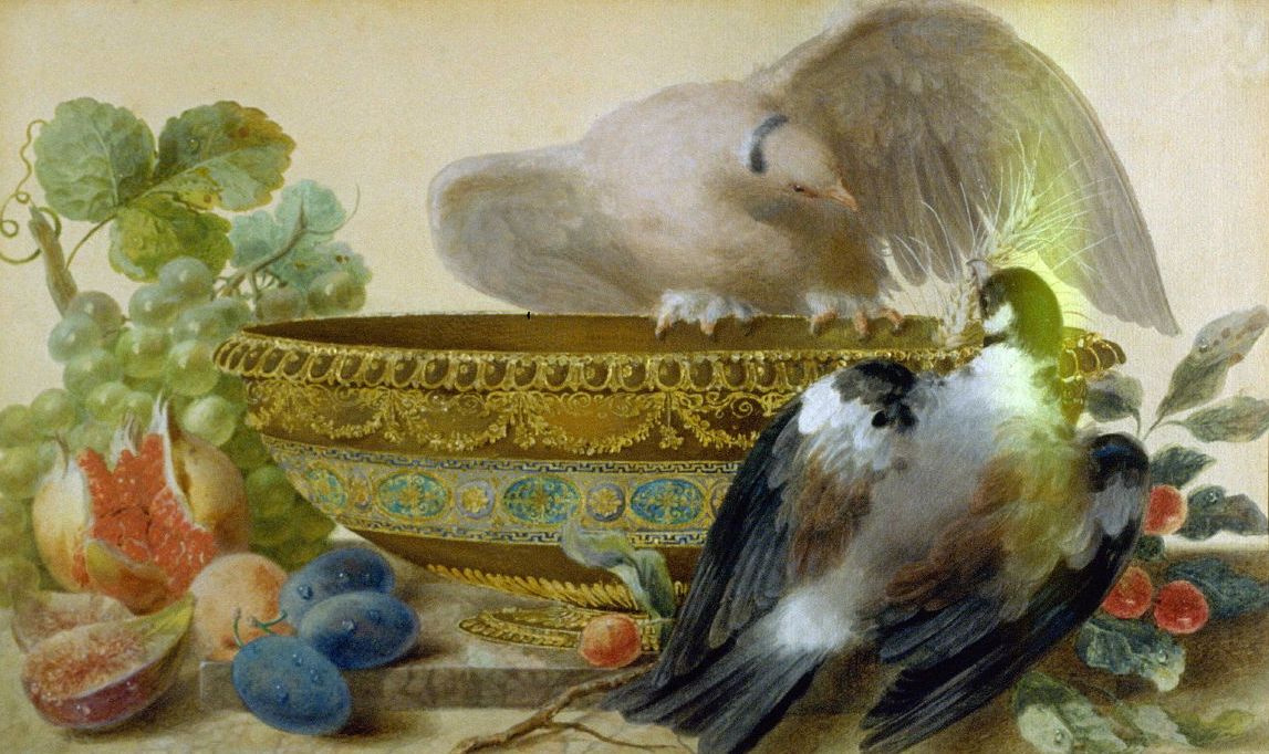 Pierre-Joseph Redoute. Piatto cinese, uccelli e frutti