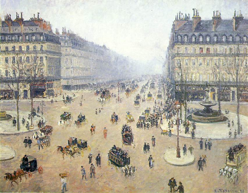Camille Pissarro. Avenue de Opera, Plaza of the French Theater in the mist