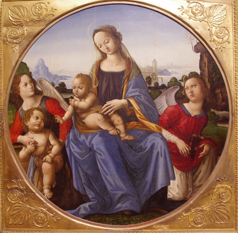 Lorenzo di Credi. 麦当娜和儿童与年轻的约翰和天使(讲习班迪雷迪)