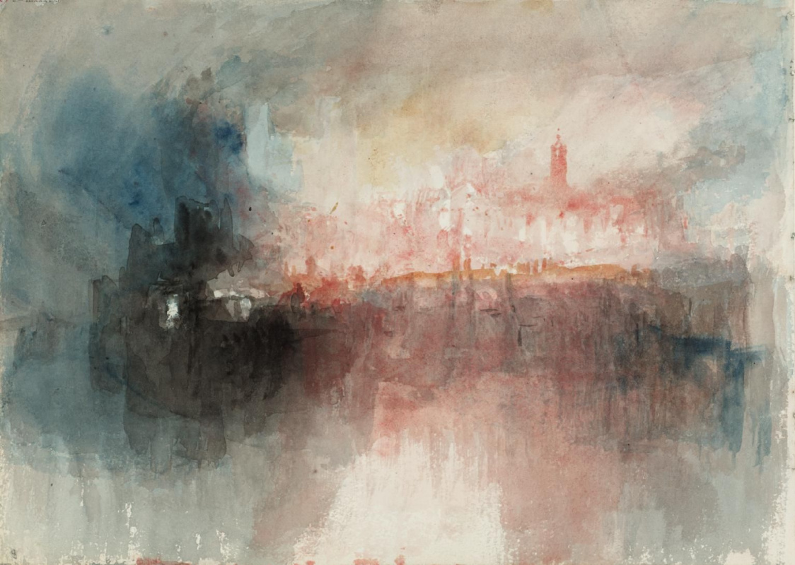 Joseph Mallord William Turner. A fire in a Large warehouse at the tower of London in 1841