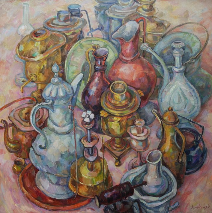 Oksana Viktorovna Zalevskaya. Large still life with Kumgans and samovars