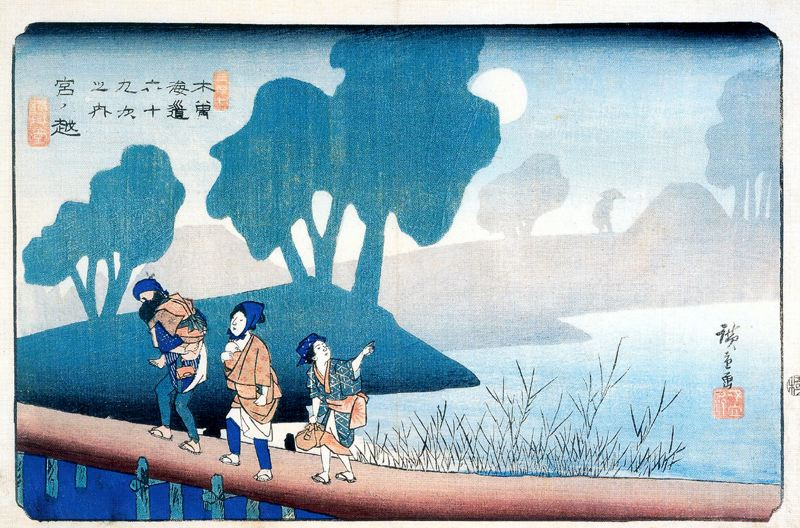 Utagawa Hiroshige. Moonlit night on Minokoshi. The series "69 stations of the Kiso-Kaido". Station 36: Minakuchi