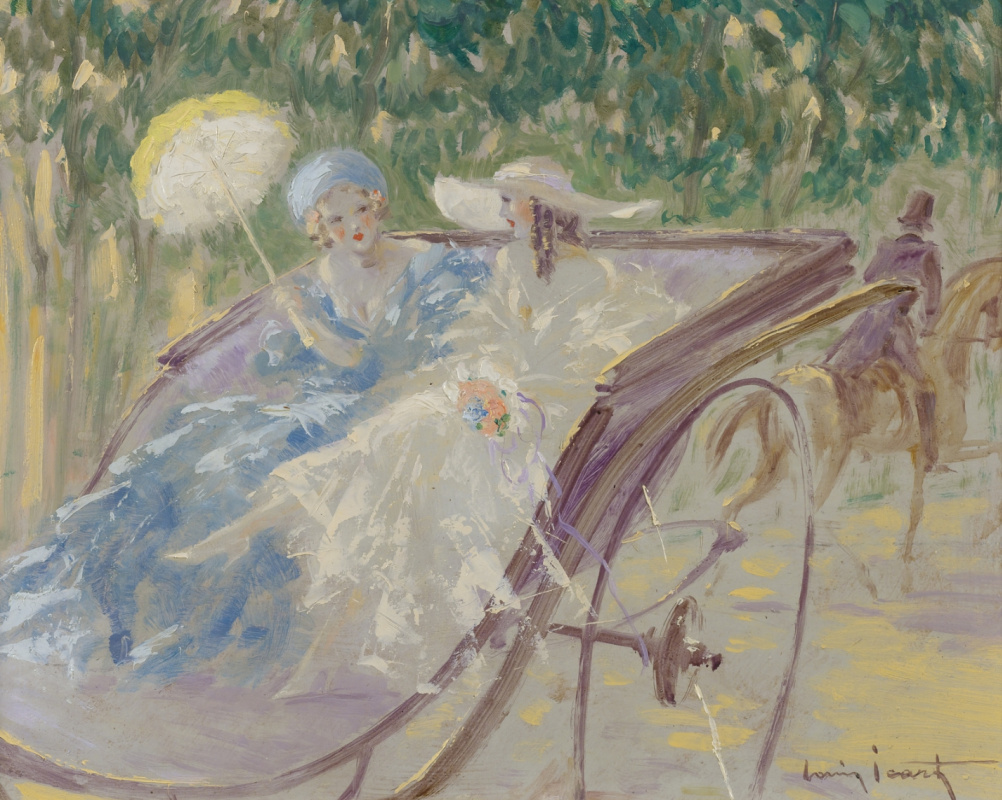 Louis Icart. Two elegant ladies in a carriage. Private collection