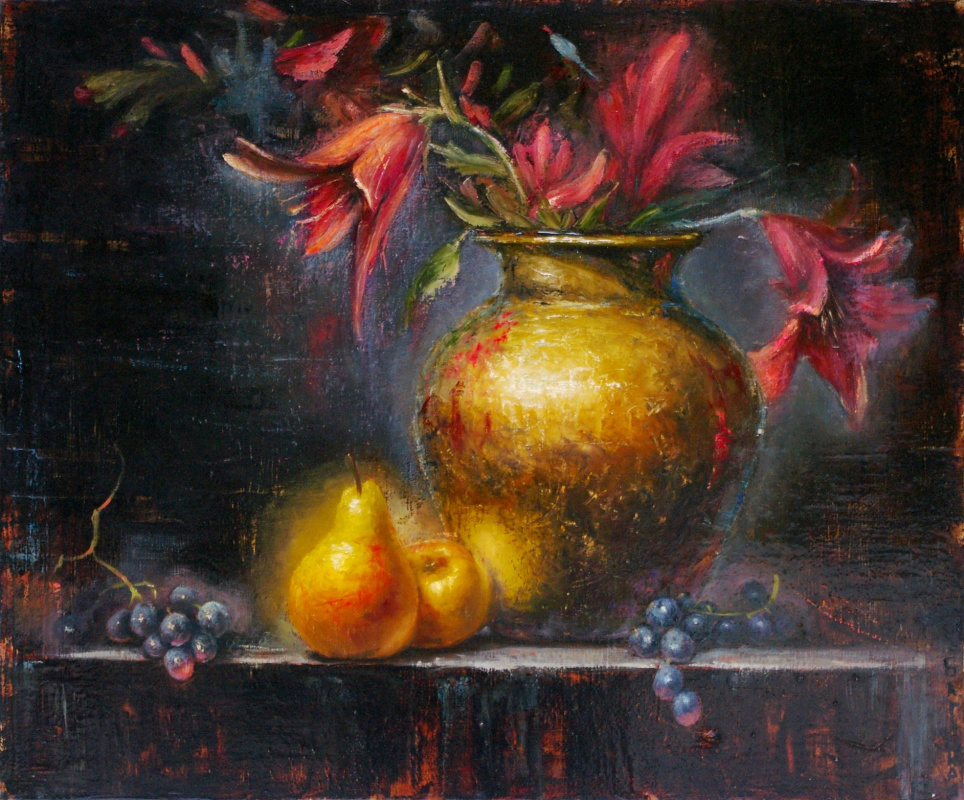 Natalia Bagatskaya. Still life with lilies and pears