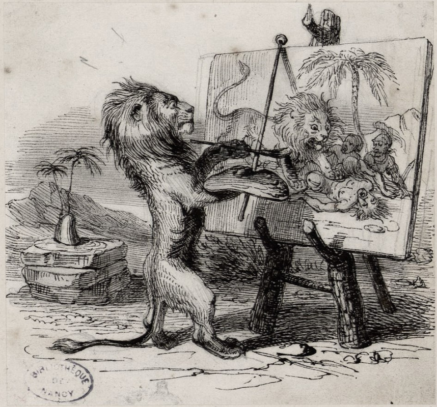 Jean Ignace IsidoreGérard 格兰维尔. 一只狮子，被一个男人击中（狮子座和男人）。 Jean de Lafontaine寓言的插图