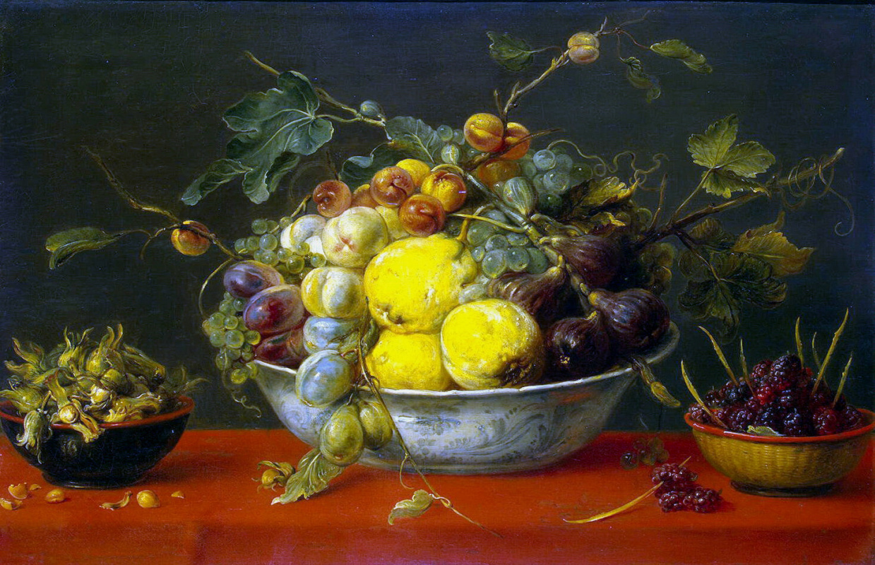 France Snyders. Fruit in a bowl on red tablecloth
