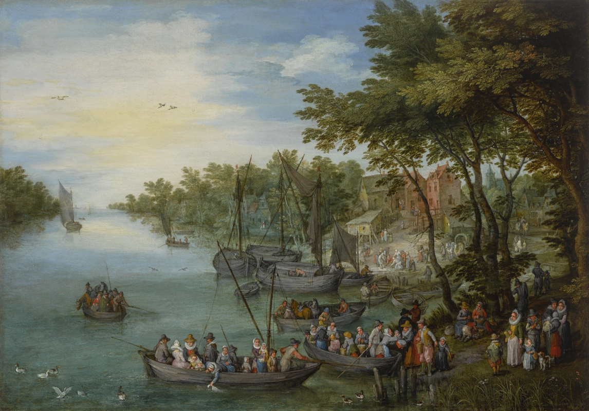 Jan Bruegel The Elder. Boscoso paesaggio fluviale con il porto, le barche e il villaggio lontano