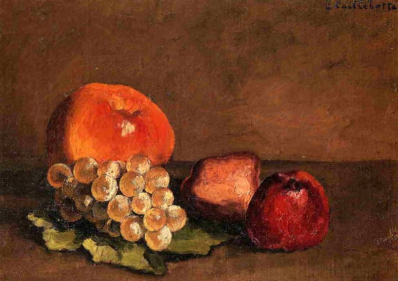 Gustave Caillebotte. Peaches, apples and grapes on a vine leaf