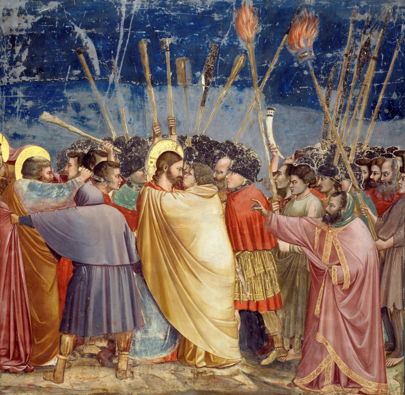 Giotto di Bondone. Christus in Gewahrsam nehmen (Der Kuss von Juda). Szenen aus dem Leben Christi