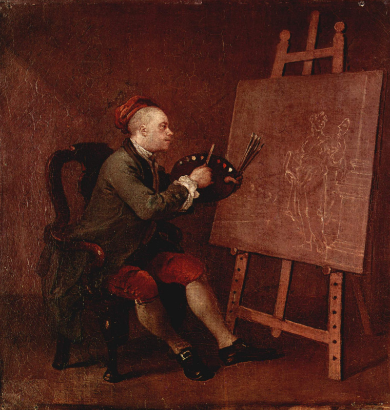 William Hogarth. Self-portrait in front of easel working on a painting of the Muse of Comedy Waist