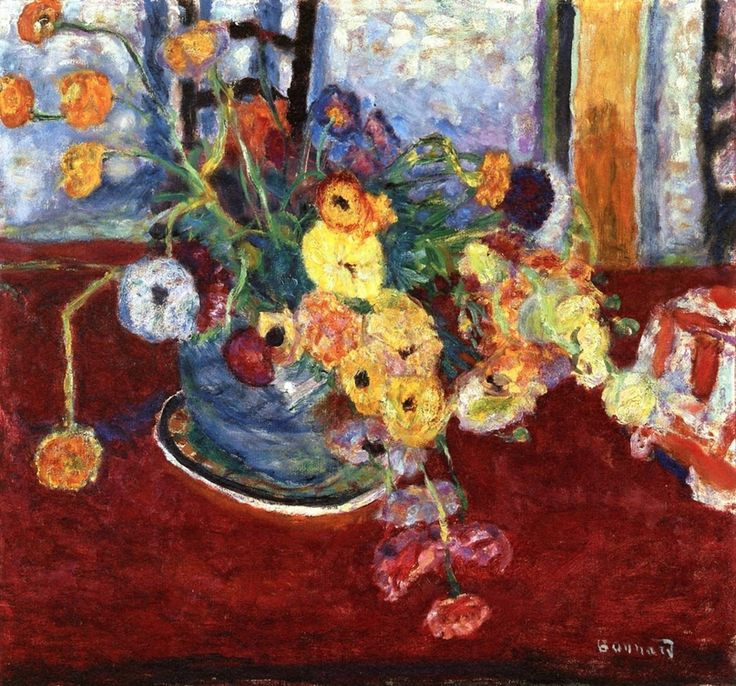 Pierre Bonnard. Flowers on a red tablecloth