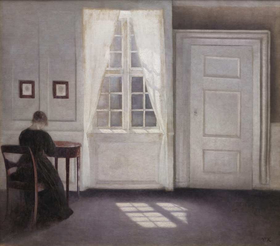 Vilhelm Hammershøi. Interior on the Strandgued with the artist's wife at the table and the sun on the floor