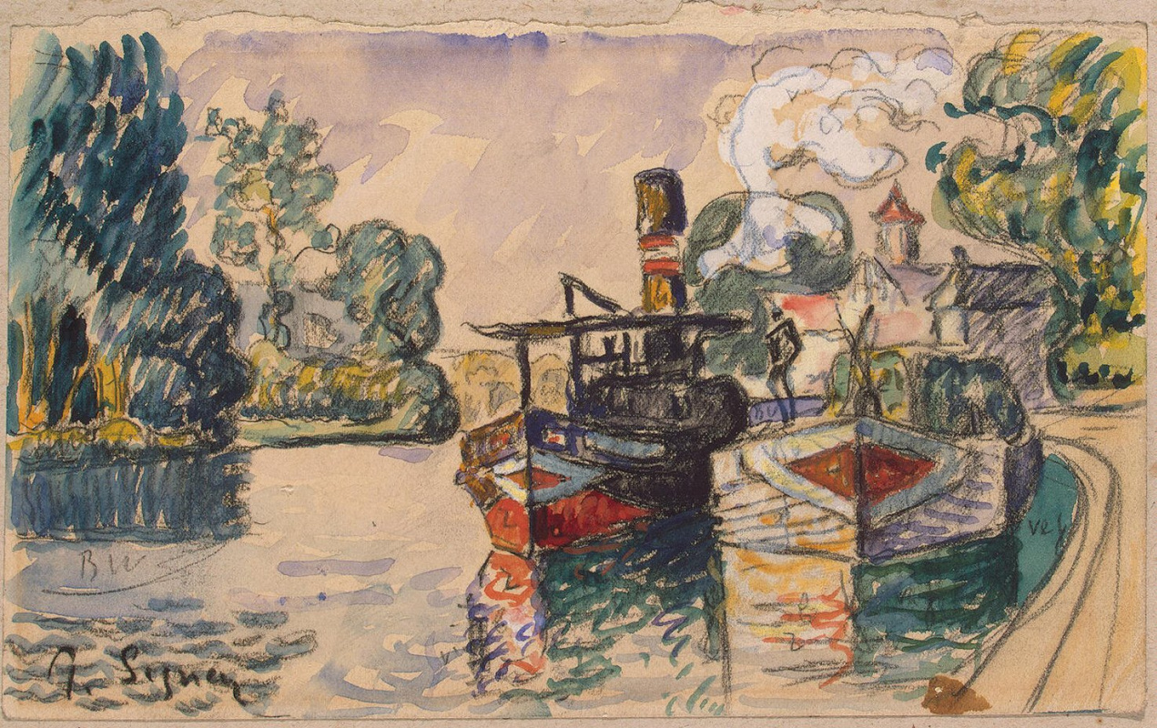 Paul Signac. Tugboat and barge in Samois