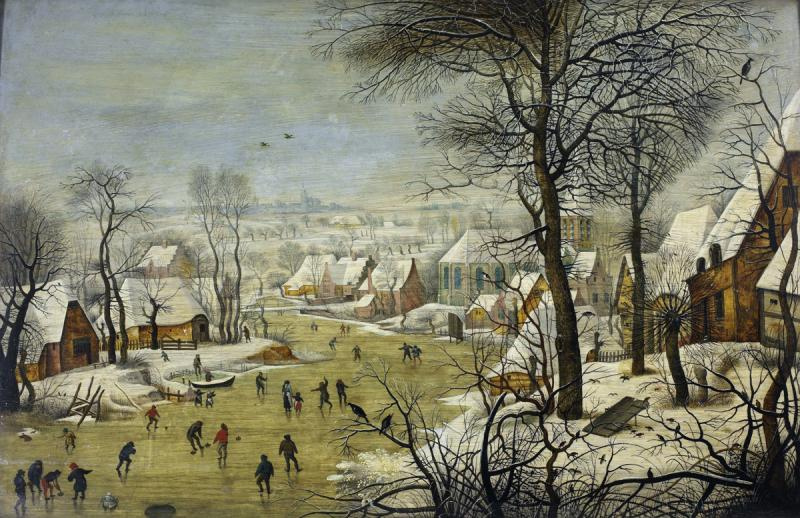 Peter Brueghel the Younger. Winter landscape with village, ice rink and a trap for birds