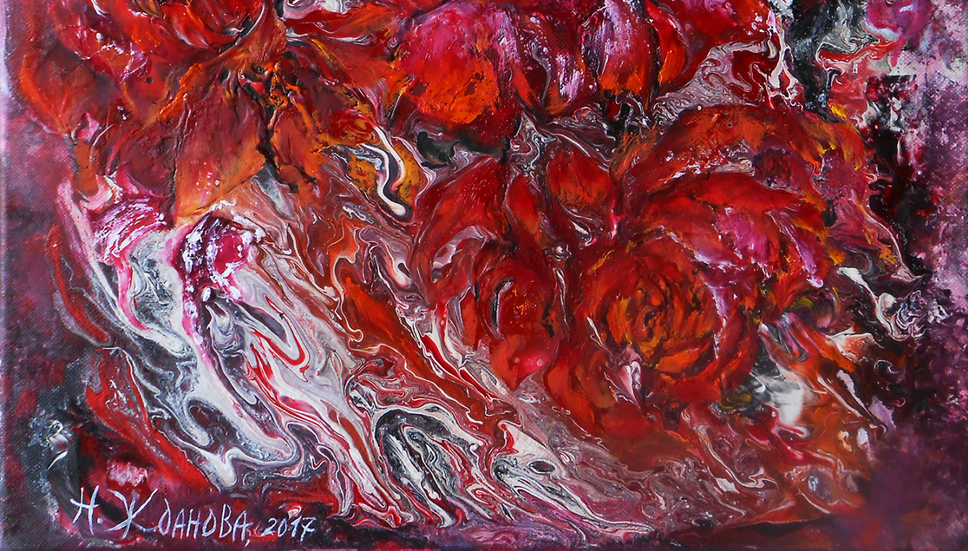 Abstract Peonies flowers painting Red and Black