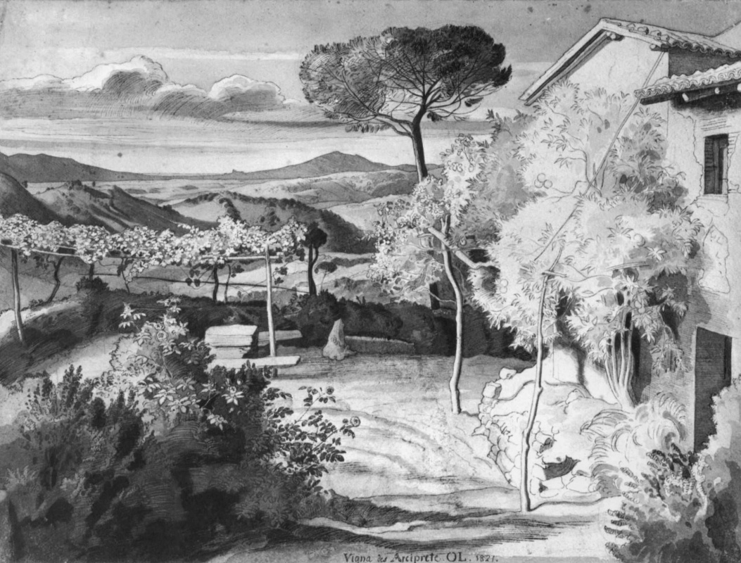 Julius Schnorr von Karolsfeld. Vina will Arciprete in Olevano with mountain views