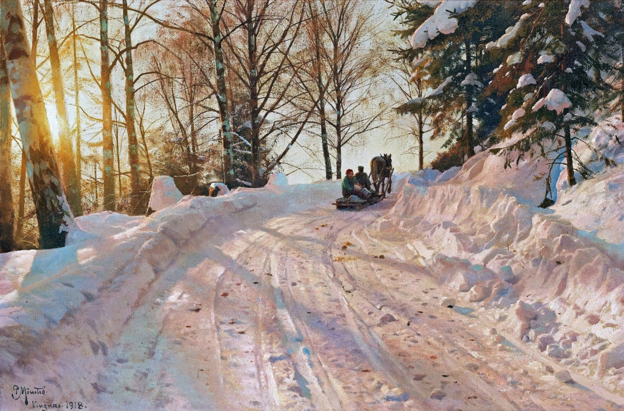Зимний пейзаж с экипажем на санях