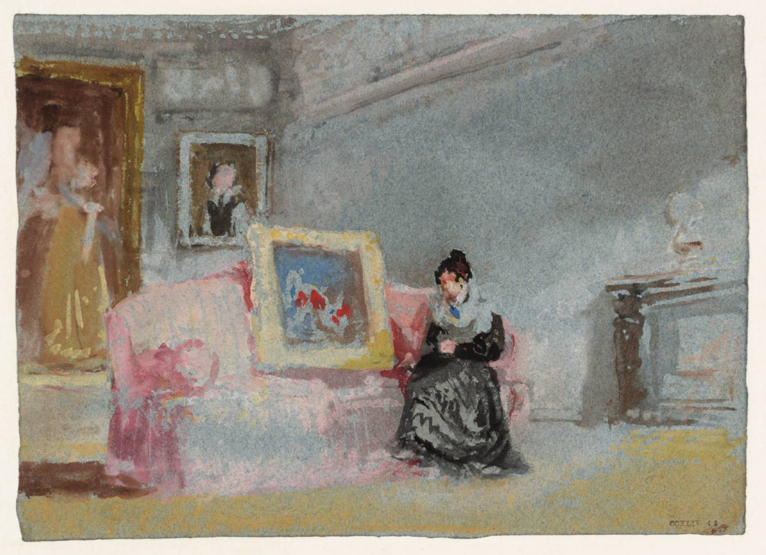 Joseph Mallord William Turner. A lady in a black silk dress seated on a pink sofa