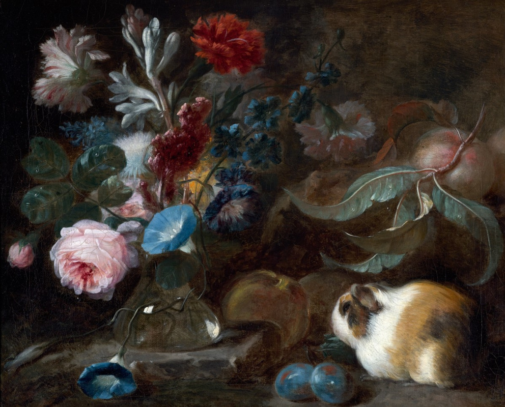 Franz Werner von Tamm. Naturaleza muerta con conejillo de indias, flores y frutas