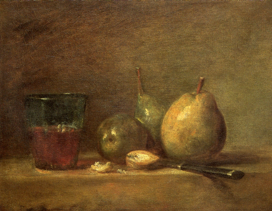 Jean Baptiste Simeon Chardin. Pears, walnuts and glass of wine