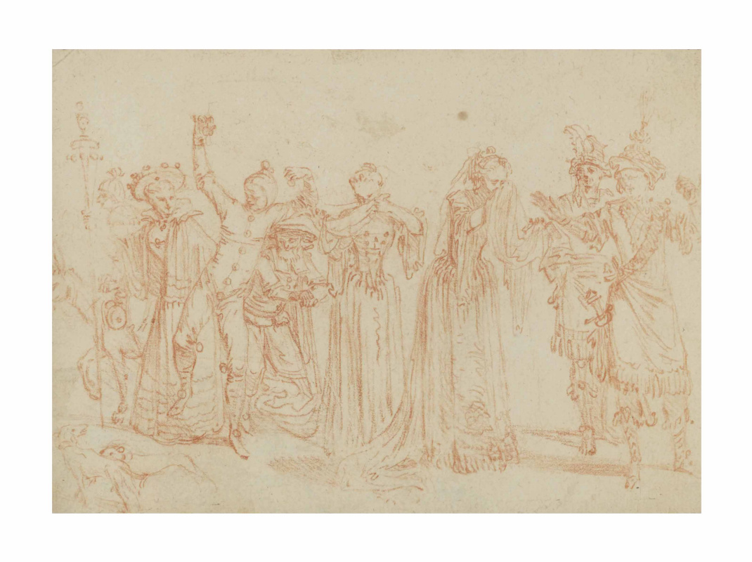 Antoine Watteau. Eight comedians, one of them riding a donkey, and two dogs