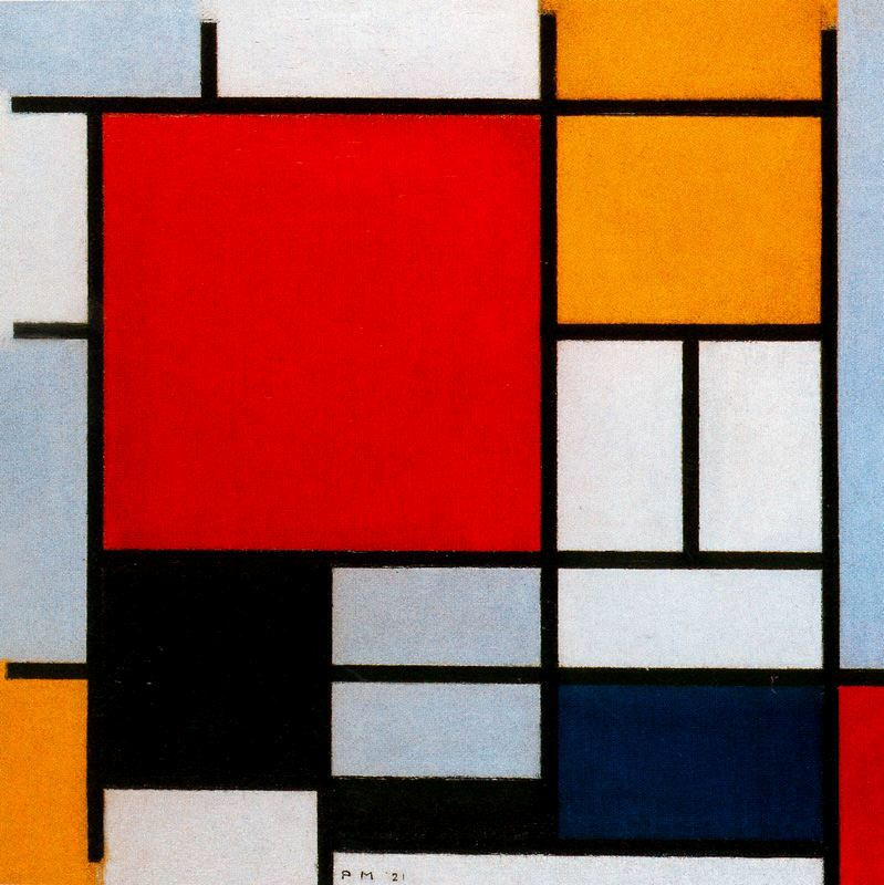 Piet Mondrian. Composition with large red plane, yellow, black, gray and blue