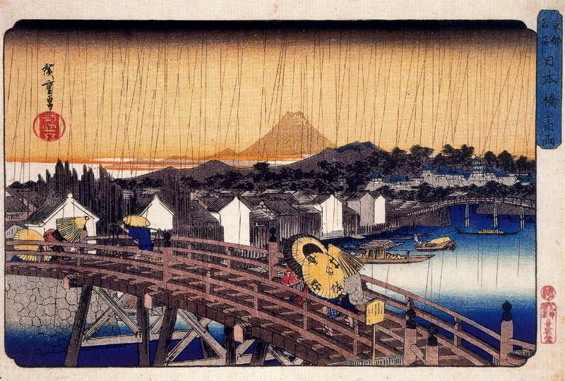 Utagawa Hiroshige. The shower at Nihonbashi bridge. The series "Famous places of the Eastern capital"