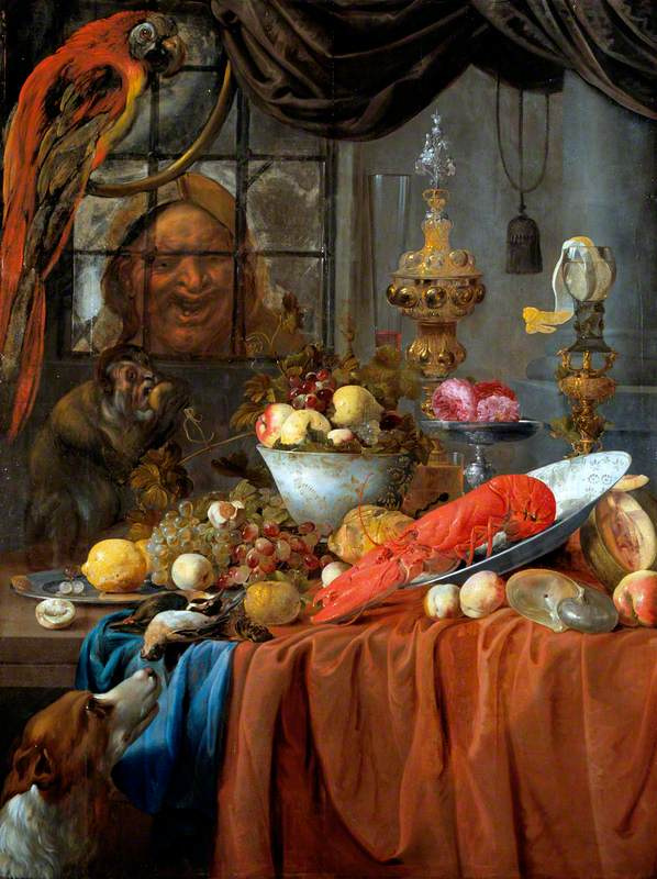 Willem van Aelst. Still life: fruit, lobster and silver utensils