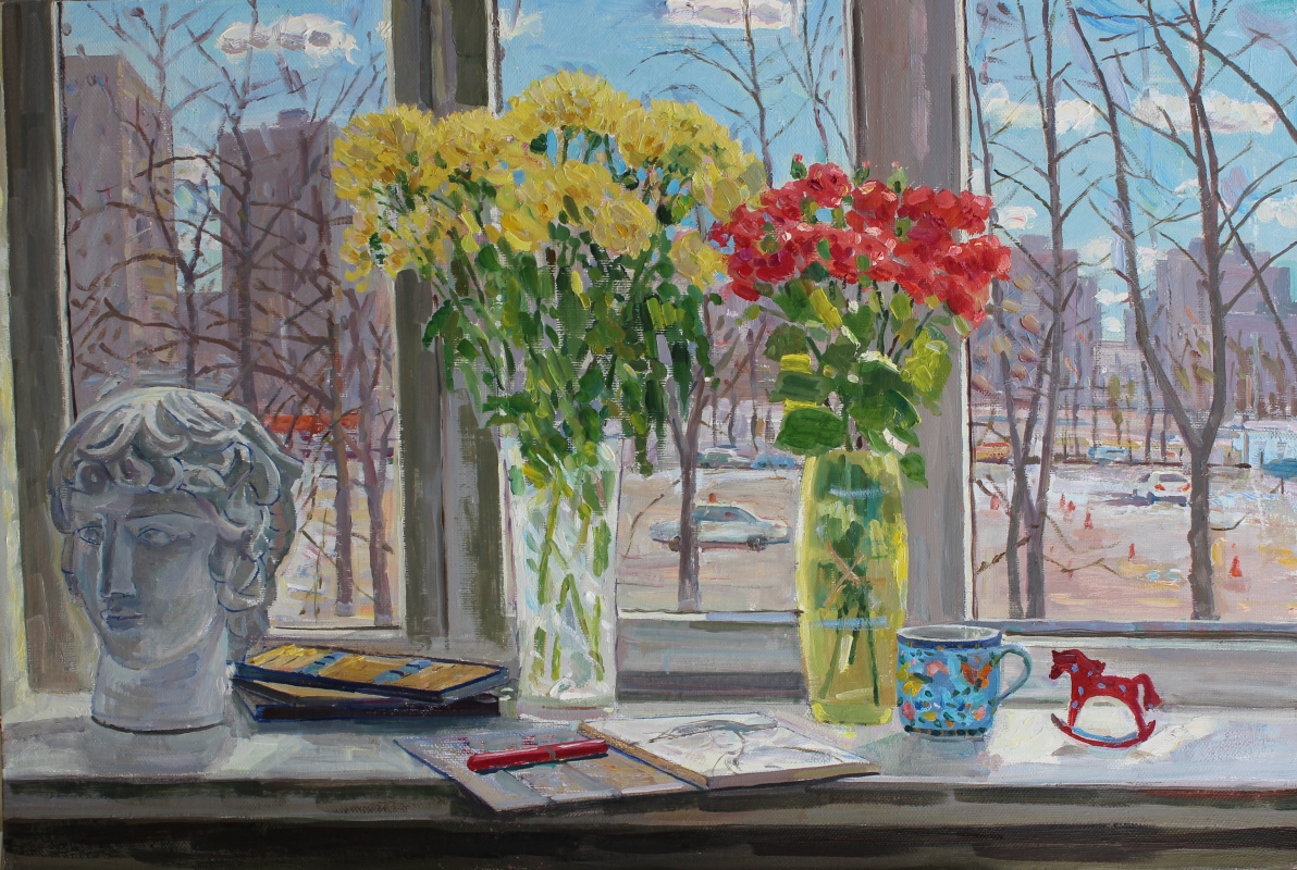 Eugene Alexandrovich Kazantsev. Still Life Spring. Flowers on the window.