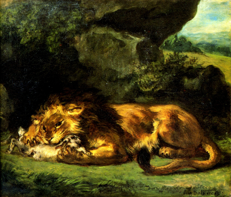 Eugene Delacroix. Lion devouring a rabbit